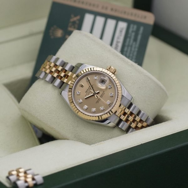 2585D-2. Rolex Lady Datejust 26 Diamant Jubilee Champagner 179173 Box & Papiere (2)