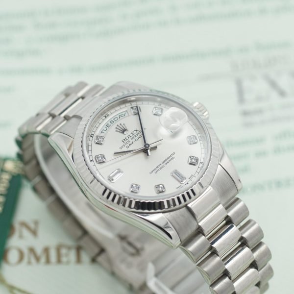 3116D-6. Rolex Day Date 36 118239 2001 Papiere 2001 LC 100 silver diamond (1)